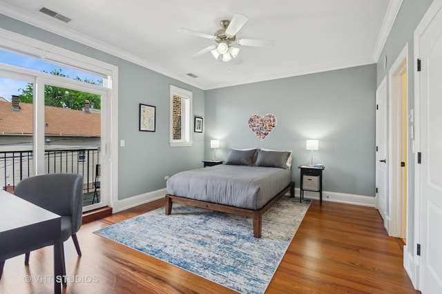 2338 W Roscoe St Unit 2E, Chicago, IL 60618 - bedroom featuring wood finished floors, access to outside, ornamental molding, and a ceiling fan