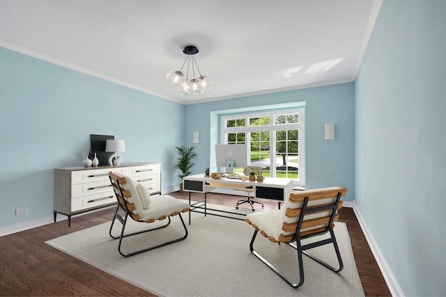 808 Maple Ave, Downers Grove, IL 60515 - office featuring ornamental molding, baseboards, dark wood finished floors, and a chandelier