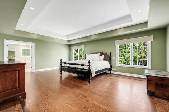 808 Maple Ave, Downers Grove, IL 60515 - bedroom featuring a tray ceiling, baseboards, wood finished floors, and recessed lighting