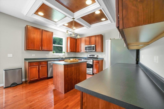 2585 Lambert Dr, Aurora, IL 60503 - kitchen featuring appliances with stainless steel finishes, coffered ceiling, light wood-style floors, a center island, and recessed lighting