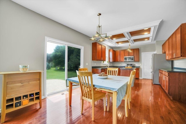 2585 Lambert Dr, Aurora, IL 60503 - dining room with coffered ceiling, dark wood-style flooring, beamed ceiling, and recessed lighting