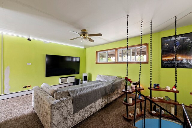 10608 Moody Ave, Chicago Ridge, IL 60415 - carpeted living area with ceiling fan, a baseboard radiator, and baseboards