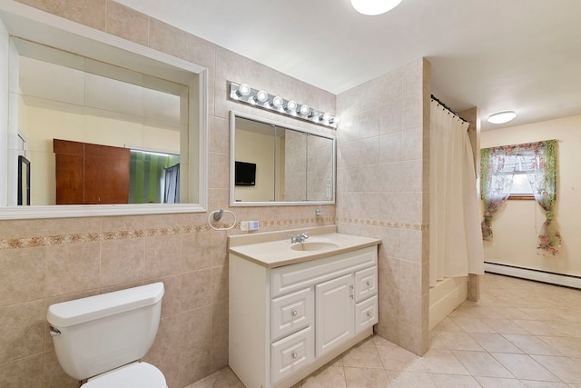 10608 Moody Ave, Chicago Ridge, IL 60415 - full bath featuring tile walls, a baseboard radiator, vanity, tile patterned flooring, and toilet