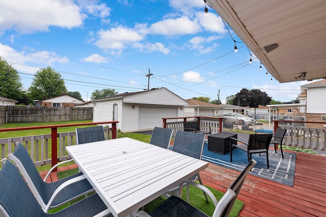 10608 Moody Ave, Chicago Ridge, IL 60415 - deck featuring outdoor dining space, a garage, and an outbuilding