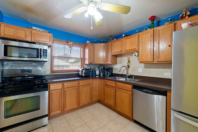 10608 Moody Ave, Chicago Ridge, IL 60415 - kitchen with appliances with stainless steel finishes, a sink, dark countertops, light tile patterned flooring, and decorative backsplash