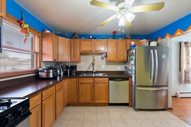 10608 Moody Ave, Chicago Ridge, IL 60415 - kitchen with appliances with stainless steel finishes, a sink, a baseboard radiator, dark countertops, and brown cabinetry