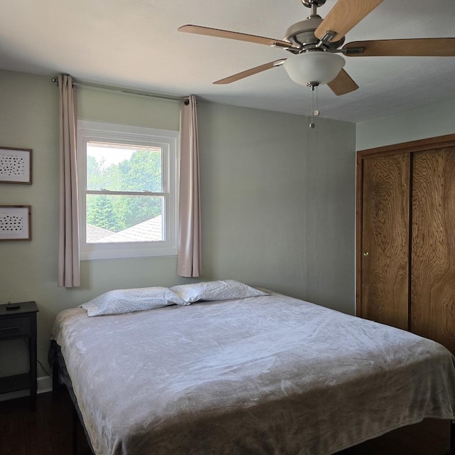 421 W 1st St, Stillman Valley, IL 61084 - bedroom with a ceiling fan, dark wood-style flooring, and a closet