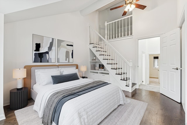 1443 W Wrightwood Ave Unit B, Chicago, IL 60614 - bedroom featuring high vaulted ceiling, dark wood-style floors, baseboards, and a ceiling fan
