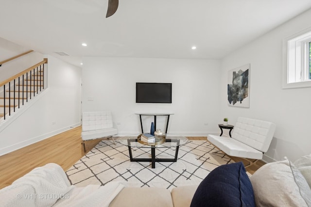 3300 S Giles Ave, Chicago, IL 60616 - living room featuring stairway, recessed lighting, wood finished floors, and a ceiling fan