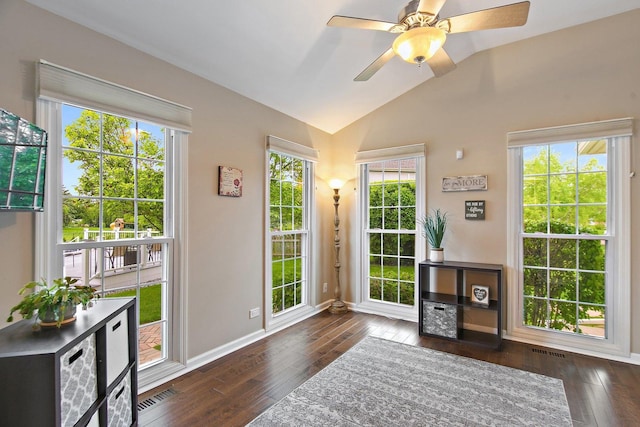 1560 Kensington Dr, Algonquin, IL 60102 - doorway with dark wood finished floors, lofted ceiling, baseboards, and a ceiling fan