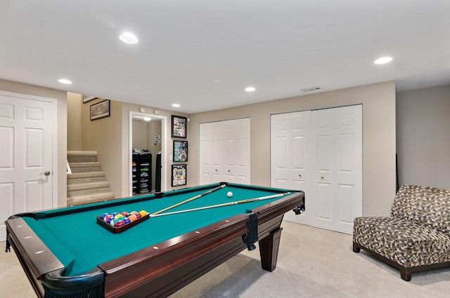 1560 Kensington Dr, Algonquin, IL 60102 - playroom with light colored carpet, recessed lighting, and pool table