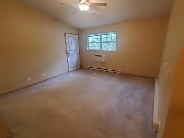 430 Cunat Blvd Unit 3C, Richmond, IL 60071 - empty room with a baseboard heating unit, a ceiling fan, lofted ceiling, baseboards, and light colored carpet