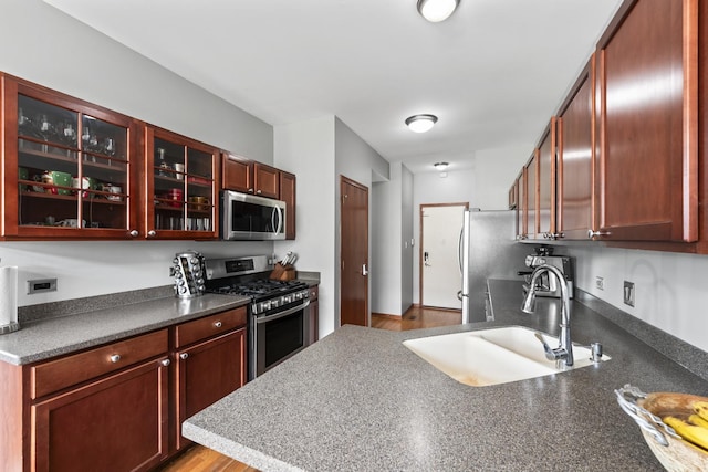 7008 Century Ct, Tinley Park, IL 60477 - kitchen with appliances with stainless steel finishes, a sink, dark countertops, glass insert cabinets, and dark brown cabinets