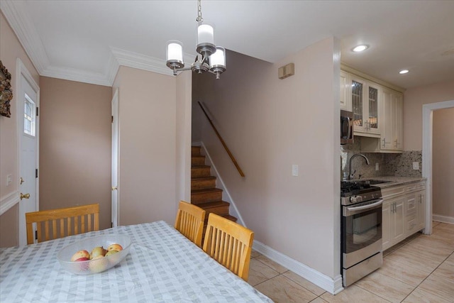 8353 N Drake Ave, Skokie, IL 60076 - dining space featuring stairway, recessed lighting, light tile patterned floors, a chandelier, and baseboards