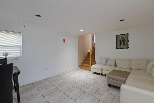 8353 N Drake Ave, Skokie, IL 60076 - living room featuring stairs, crown molding, recessed lighting, and baseboards