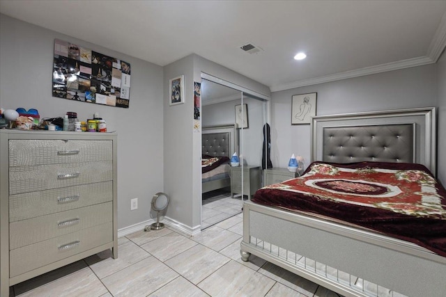 8353 N Drake Ave, Skokie, IL 60076 - bedroom with ornamental molding, a closet, baseboards, and light tile patterned floors