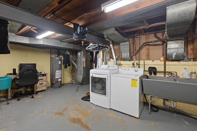 8353 N Drake Ave, Skokie, IL 60076 - unfinished below grade area featuring water heater, washer and clothes dryer, a desk, heating unit, and a sink