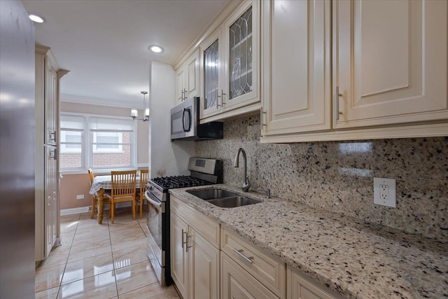 8353 N Drake Ave, Skokie, IL 60076 - kitchen with appliances with stainless steel finishes, a sink, tasteful backsplash, baseboards, and crown molding