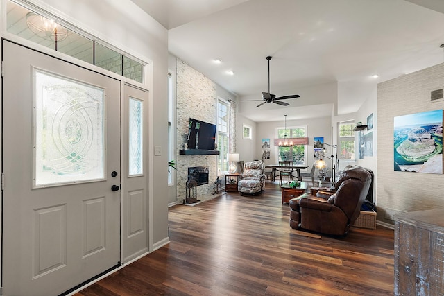 20142 Crystal Lake Way, Frankfort, IL 60423 - living area with a stone fireplace, ceiling fan, dark wood-style flooring, and recessed lighting