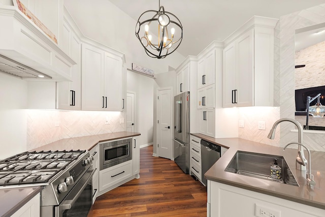 20142 Crystal Lake Way, Frankfort, IL 60423 - kitchen with appliances with stainless steel finishes, white cabinets, dark wood-style floors, backsplash, and custom exhaust hood