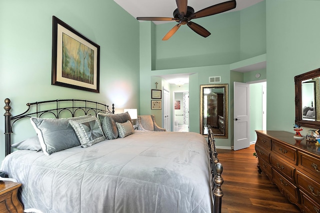 20142 Crystal Lake Way, Frankfort, IL 60423 - bedroom featuring high vaulted ceiling, dark wood finished floors, ensuite bath, and a ceiling fan