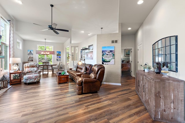 20142 Crystal Lake Way, Frankfort, IL 60423 - living area with dark wood-style flooring, a ceiling fan, a chandelier, and recessed lighting