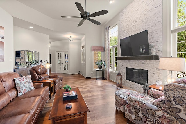 20142 Crystal Lake Way, Frankfort, IL 60423 - living room with a towering ceiling, healthy amount of natural light, a ceiling fan, wood finished floors, and a stone fireplace