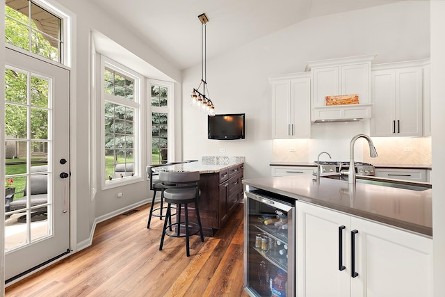 20142 Crystal Lake Way, Frankfort, IL 60423 - kitchen featuring wine cooler, vaulted ceiling, healthy amount of natural light, and decorative backsplash