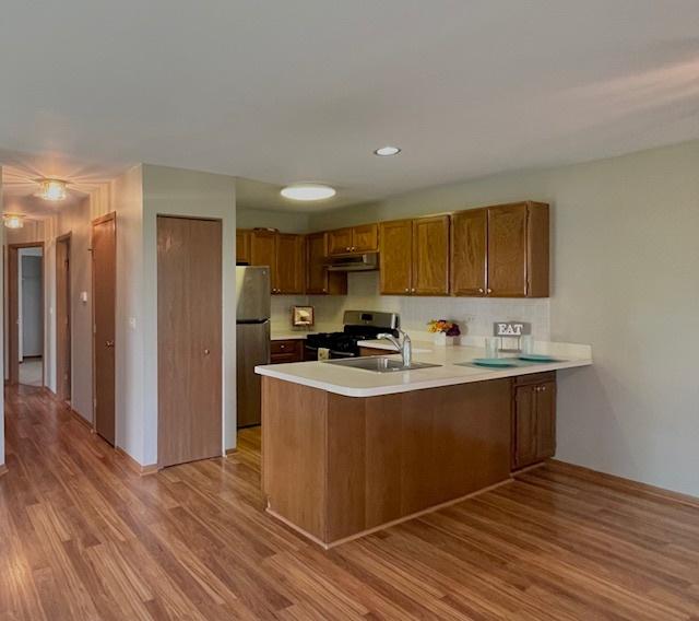 304 University Ln Unit 5, Elk Grove Village, IL 60007 - kitchen with a sink, dishwasher, light countertops, wood finished floors, and recessed lighting