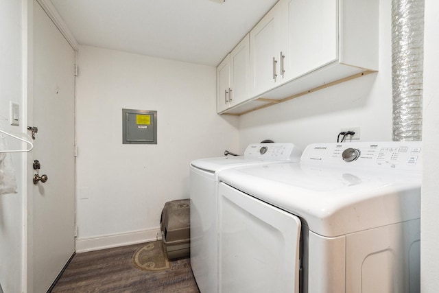 15713 Orlan Brook Dr Unit 97, Orland Park, IL 60462 - laundry area with cabinet space, washing machine and dryer, dark wood-type flooring, and electric panel
