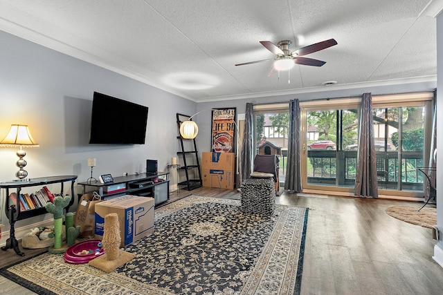 15713 Orlan Brook Dr Unit 97, Orland Park, IL 60462 - living room with a textured ceiling, wood finished floors, a ceiling fan, and crown molding