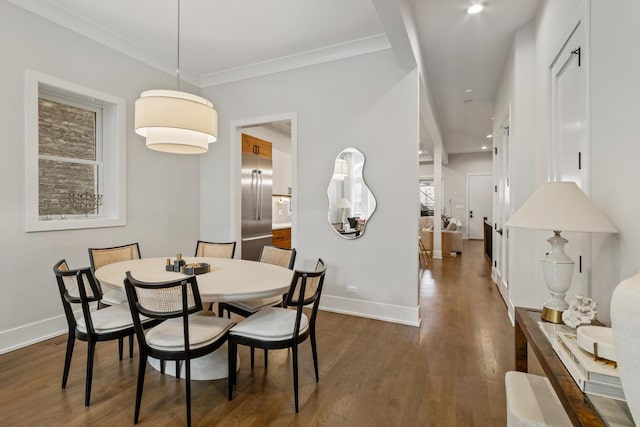 1304 N Hoyne Ave Unit 1, Chicago, IL 60622 - dining room with baseboards, dark wood-type flooring, crown molding, and recessed lighting