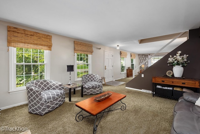2609 Dougall Rd, Joliet, IL 60433 - carpeted living room featuring stairs and baseboards
