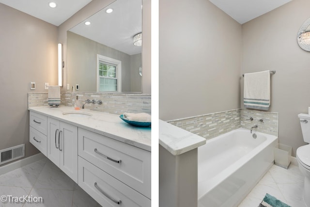 2609 Dougall Rd, Joliet, IL 60433 - full bathroom featuring toilet, marble finish floors, a bath, vanity, and recessed lighting