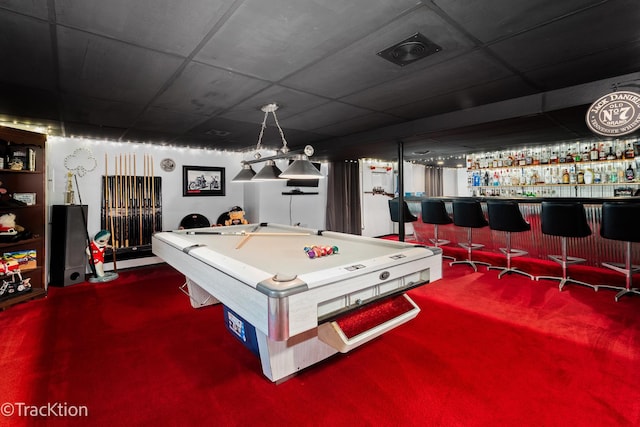 2609 Dougall Rd, Joliet, IL 60433 - rec room with billiards, carpet flooring, a drop ceiling, and a community bar