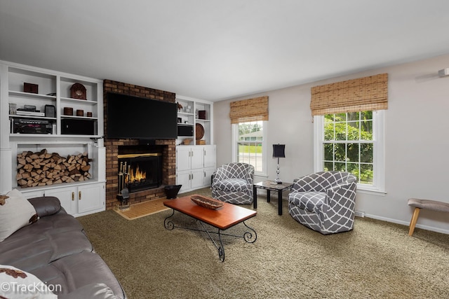 2609 Dougall Rd, Joliet, IL 60433 - carpeted living room featuring a fireplace, baseboards, and built in shelves