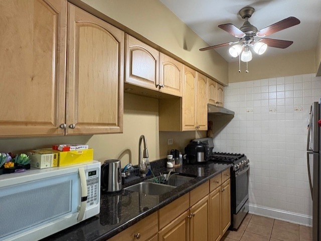 10811 S Keating Ave Unit 3Se, Oak Lawn, IL 60453 - kitchen featuring range with gas stovetop, white microwave, a sink, under cabinet range hood, and ceiling fan