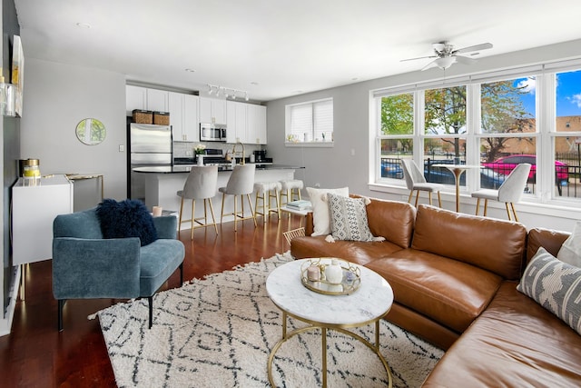 2257 W Lake St Unit 101, Chicago, IL 60612 - living room featuring dark wood-style flooring and ceiling fan
