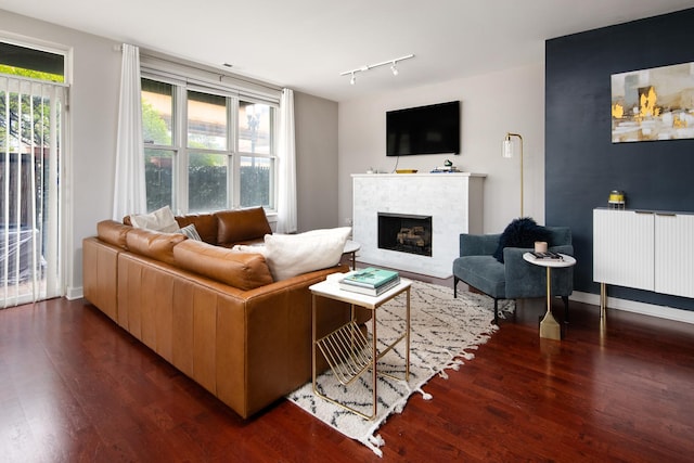 2257 W Lake St Unit 101, Chicago, IL 60612 - living room with wood finished floors, rail lighting, and a fireplace