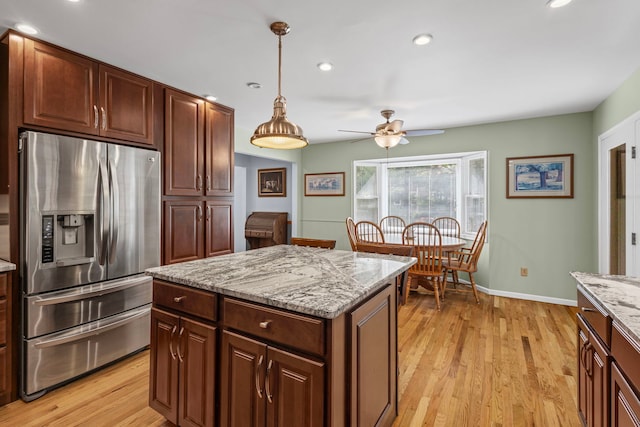 6897 Galena Rd, Bristol, IL 60512 - kitchen featuring stainless steel fridge, ceiling fan, light wood-type flooring, recessed lighting, and baseboards