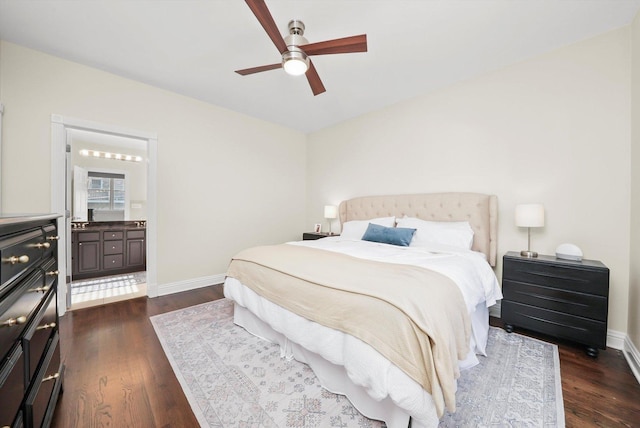 851 W Fletcher St Unit 2, Chicago, IL 60657 - bedroom featuring dark wood-style floors, baseboards, ensuite bathroom, and a ceiling fan