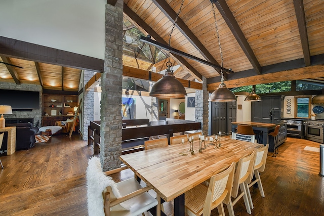 4N650 Pheasant Run Dr, Saint Charles, IL 60175 - dining space with a wooden ceiling with exposed beams, hardwood / wood-style floors, a fireplace, and high vaulted ceiling