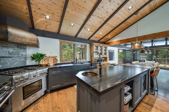 4N650 Pheasant Run Dr, Saint Charles, IL 60175 - kitchen with appliances with stainless steel finishes, a wooden ceiling with exposed beams, light wood-style floors, plenty of natural light, and high vaulted ceiling
