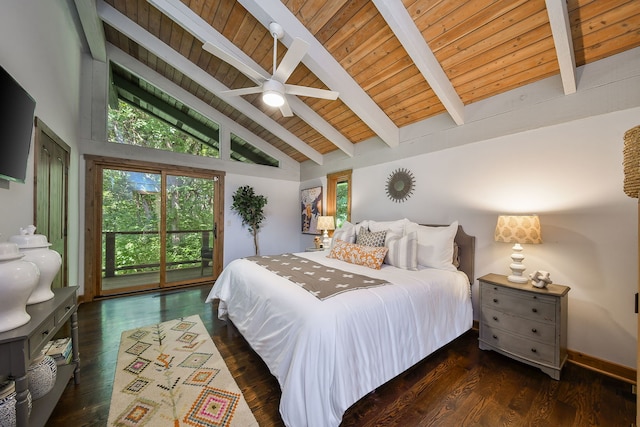 4N650 Pheasant Run Dr, Saint Charles, IL 60175 - bedroom featuring access to exterior, a wood ceiling with exposed beams, wood finished floors, high vaulted ceiling, and ceiling fan