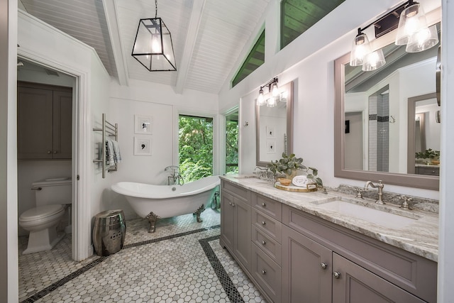 4N650 Pheasant Run Dr, Saint Charles, IL 60175 - full bath with double vanity, a freestanding bath, inlaid floor details, a tile shower, and wood ceiling