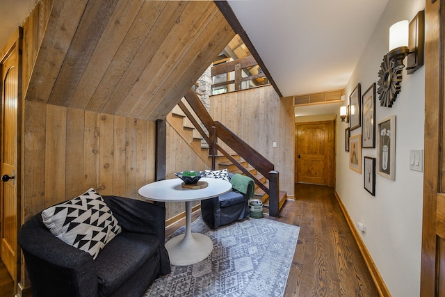 4N650 Pheasant Run Dr, Saint Charles, IL 60175 - sitting room featuring wooden walls, wood finished floors, stairway, and vaulted ceiling