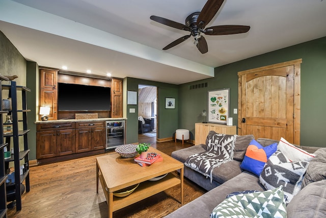 4N650 Pheasant Run Dr, Saint Charles, IL 60175 - living room with wine cooler, a ceiling fan, light wood-style floors, a bar, and recessed lighting