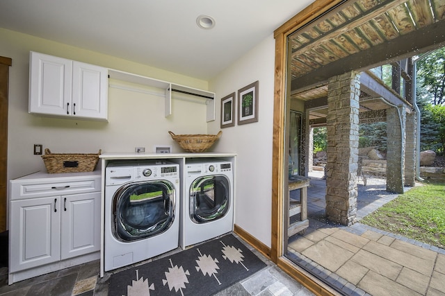 4N650 Pheasant Run Dr, Saint Charles, IL 60175 - laundry room featuring separate washer and dryer, cabinet space, dark stone finish floors, and recessed lighting