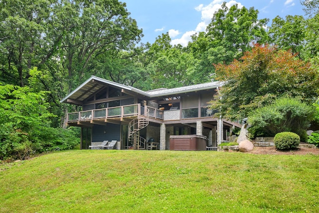 4N650 Pheasant Run Dr, Saint Charles, IL 60175 - back of property featuring a hot tub, a yard, a metal roof, a wooden deck, and stairway