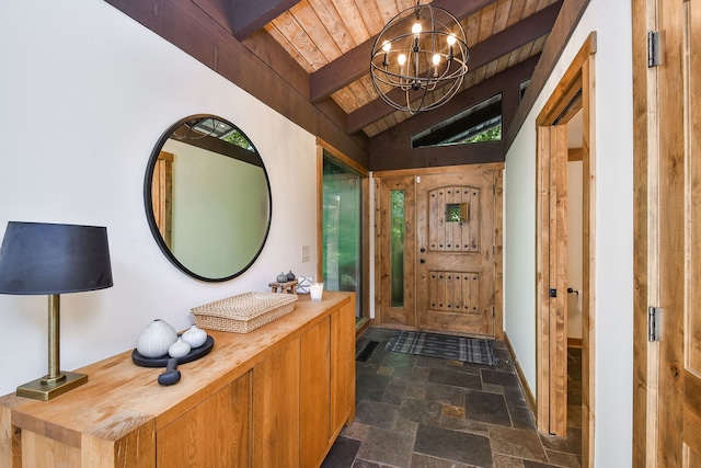 4N650 Pheasant Run Dr, Saint Charles, IL 60175 - entryway featuring wood ceiling, a chandelier, stone tile flooring, and plenty of natural light